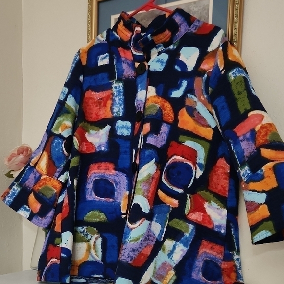 Ali Miles Colorful Abstract Patterned Coat Bell Sleeve Career Artsy Contemporary - Picture 2 of 12